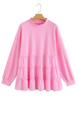 Pink Frill Tiered Patchwork Ribbed Trim Flowy Plus Size Top