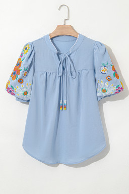 Beau Blue Floral Embroidered Puff Sleeve Split Neck Blouse