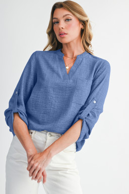Ashleigh Blue Chest Pocket V Neck Plain Roll-up Sleeve Blouse