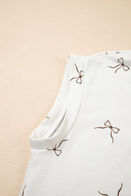 Beige Bow Print Half Zip Tank Top and Shorts Set