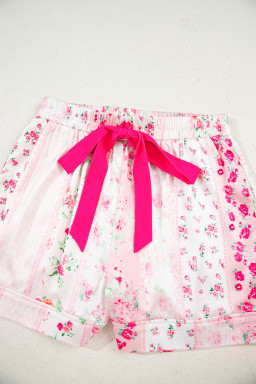 Pink Mixed Floral Print Contrast Piping Trim Satin Tie Pajama Set