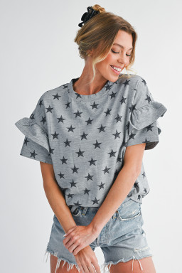 Gray Star Print Tiered Ruffle Sleeve Crew Neck T Shirt