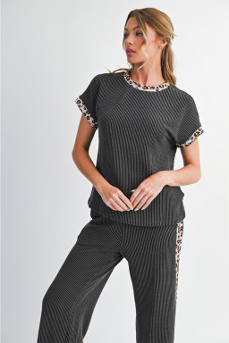 Carbon Grey Leopard Patchwork Trim Twisted Rib T Shirt and Cropped Pants Set