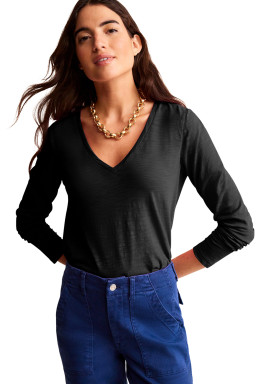 Black Plain V Neck Long Sleeve Top