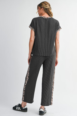 Carbon Grey Leopard Patchwork Trim Twisted Rib T Shirt and Cropped Pants Set