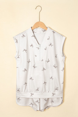 Beige Bow Print Half Zip Tank Top and Shorts Set