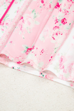 Pink Mixed Floral Print Contrast Piping Trim Satin Tie Pajama Set
