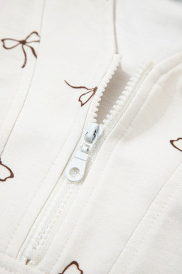 Beige Bow Print Half Zip Tank Top and Shorts Set