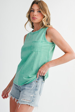 Sea Green Mineral Wash Patched Chest Pocket Tank Top