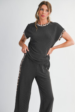 Carbon Grey Leopard Patchwork Trim Twisted Rib T Shirt and Cropped Pants Set