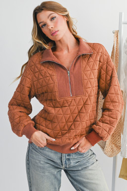 Straw Yellow Textured Zipper Neck Long Sleeve Pullover Sweatshirt