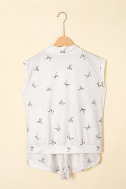 Beige Bow Print Half Zip Tank Top and Shorts Set