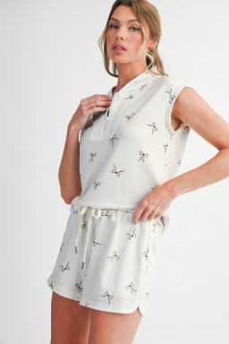 Beige Bow Print Half Zip Tank Top and Shorts Set