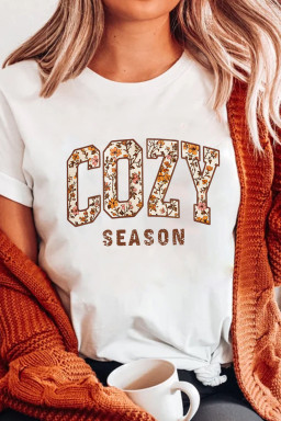 White COZY SEASON Floral Cracking Letter Heat Transfer Printing Graphic Tee