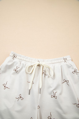 Beige Bow Print Half Zip Tank Top and Shorts Set