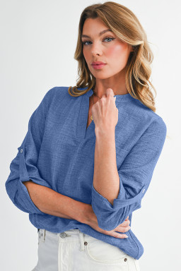 Ashleigh Blue Chest Pocket V Neck Plain Roll-up Sleeve Blouse