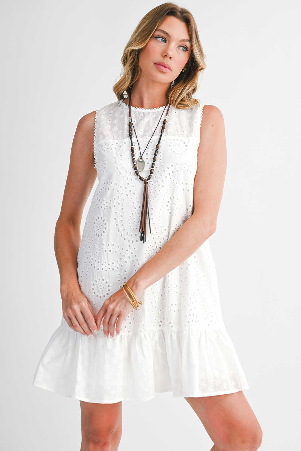 White Floral Eyelet Embroidered Sleeveless Shift Dress