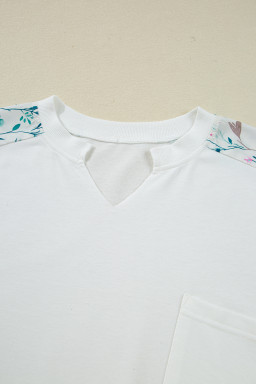 White Floral Colorblock Patchwork Notched Neck Long Sleeve Top