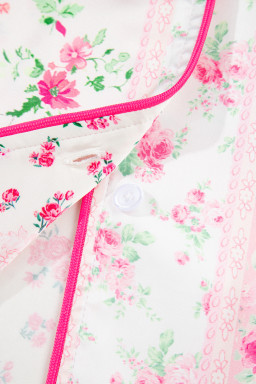 Pink Mixed Floral Print Contrast Piping Trim Satin Tie Pajama Set