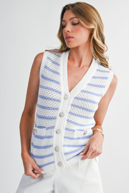 Sky Blue Striped V Neck Button Knit Vest