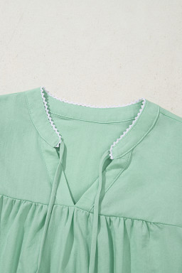 Clearly Aqua Floral Embroidered Puff Sleeve Split Neck Blouse
