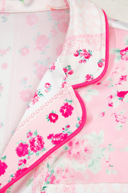 Pink Mixed Floral Print Contrast Piping Trim Satin Tie Pajama Set