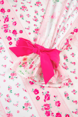 Pink Mixed Floral Print Contrast Piping Trim Satin Tie Pajama Set
