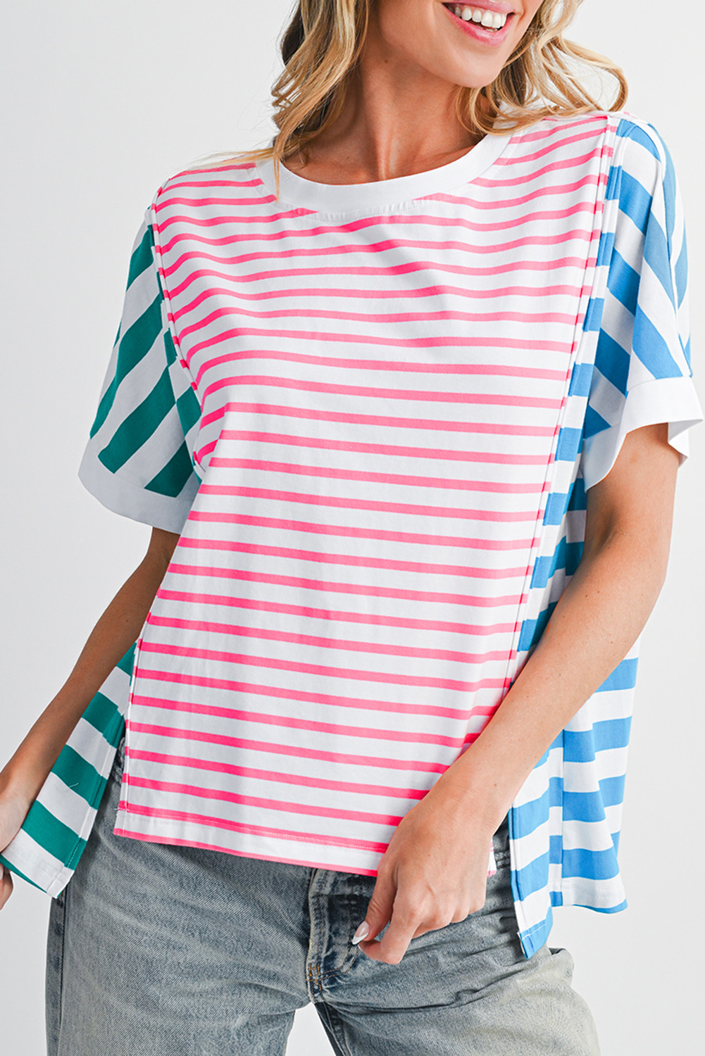 Pink Striped Patchwork Exposed Seam Loose Tee