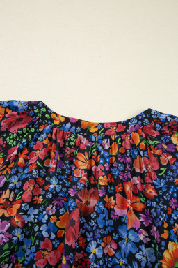 Blue Floral Print V Neck Long Sleeve Flowy Maxi Dress