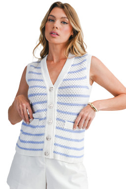 Sky Blue Striped V Neck Button Knit Vest