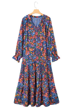 Blue Floral Print V Neck Long Sleeve Flowy Maxi Dress