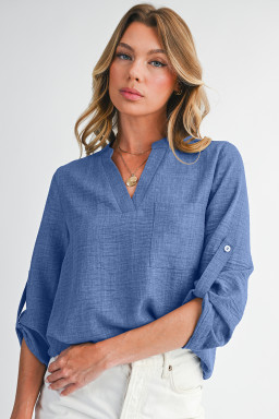 Ashleigh Blue Chest Pocket V Neck Plain Roll-up Sleeve Blouse