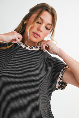 Carbon Grey Leopard Patchwork Trim Twisted Rib T Shirt and Cropped Pants Set
