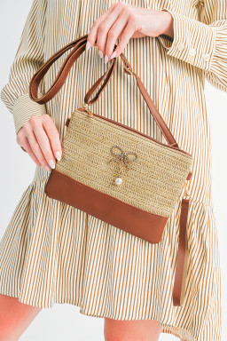 Beige Pearl Bow Decor Woven Patchwork Shoulder Bag