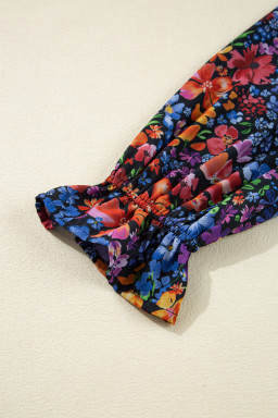 Blue Floral Print V Neck Long Sleeve Flowy Maxi Dress