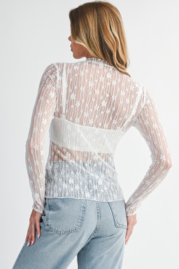 White Sheer Floral Lace Long Sleeve Slim Fit Top