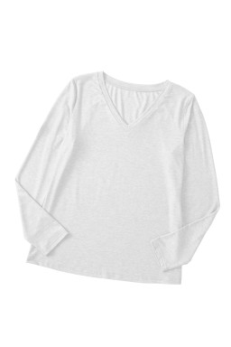 White Plain V Neck Long Sleeve Top