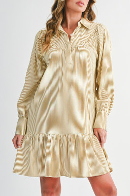 Brown Striped Shirt Collar Ruffle Hem Long Sleeve Dress
