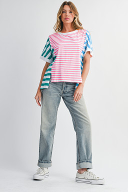 Pink Striped Patchwork Exposed Seam Loose Tee