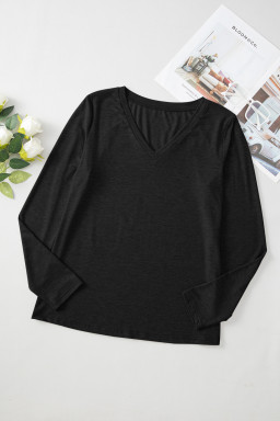 Black Plain V Neck Long Sleeve Top