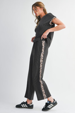 Carbon Grey Leopard Patchwork Trim Twisted Rib T Shirt and Cropped Pants Set