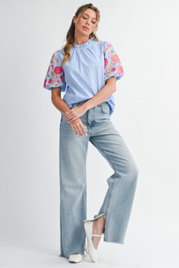 Light Blue Flower Embroidered Puff Sleeve Gingham Blouse