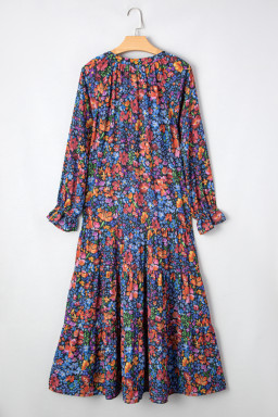 Blue Floral Print V Neck Long Sleeve Flowy Maxi Dress
