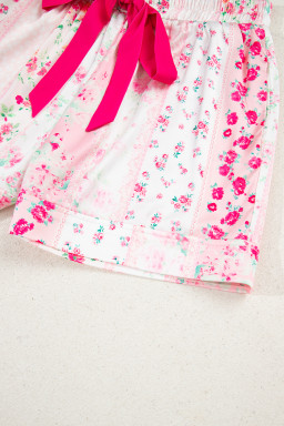 Pink Mixed Floral Print Contrast Piping Trim Satin Tie Pajama Set