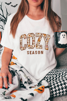 White COZY SEASON Floral Cracking Letter Heat Transfer Printing Graphic Tee