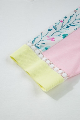 White Floral Colorblock Patchwork Notched Neck Long Sleeve Top