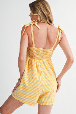 Yellow Stripe Tie Strap Smocked Back Wide Leg Romper