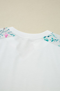 White Floral Colorblock Patchwork Notched Neck Long Sleeve Top