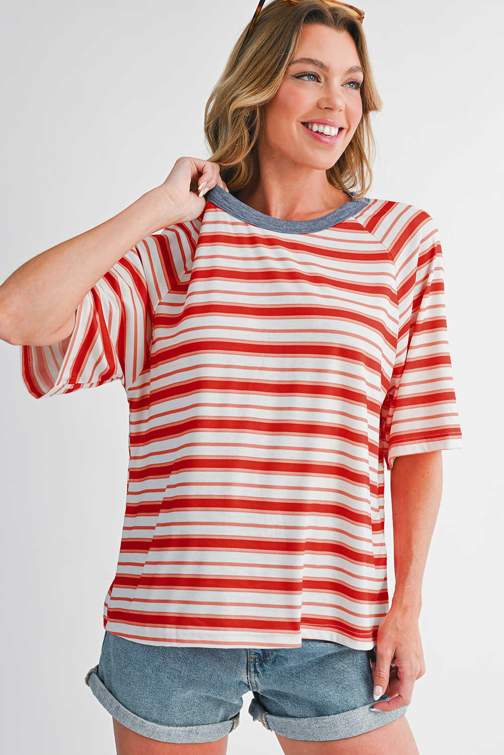 Tomato Red Striped Raglan Sleeve Contrast Neck T-Shirt