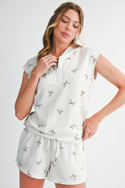 Beige Bow Print Half Zip Tank Top and Shorts Set